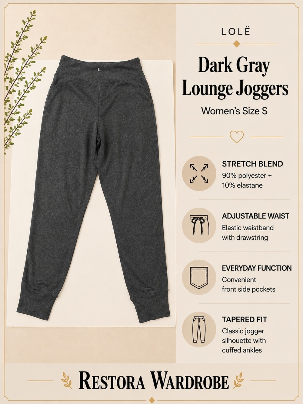 Lolë Women's Lounge Jogger Pants S Black Drawstring Cuffed Stretch Athleisure